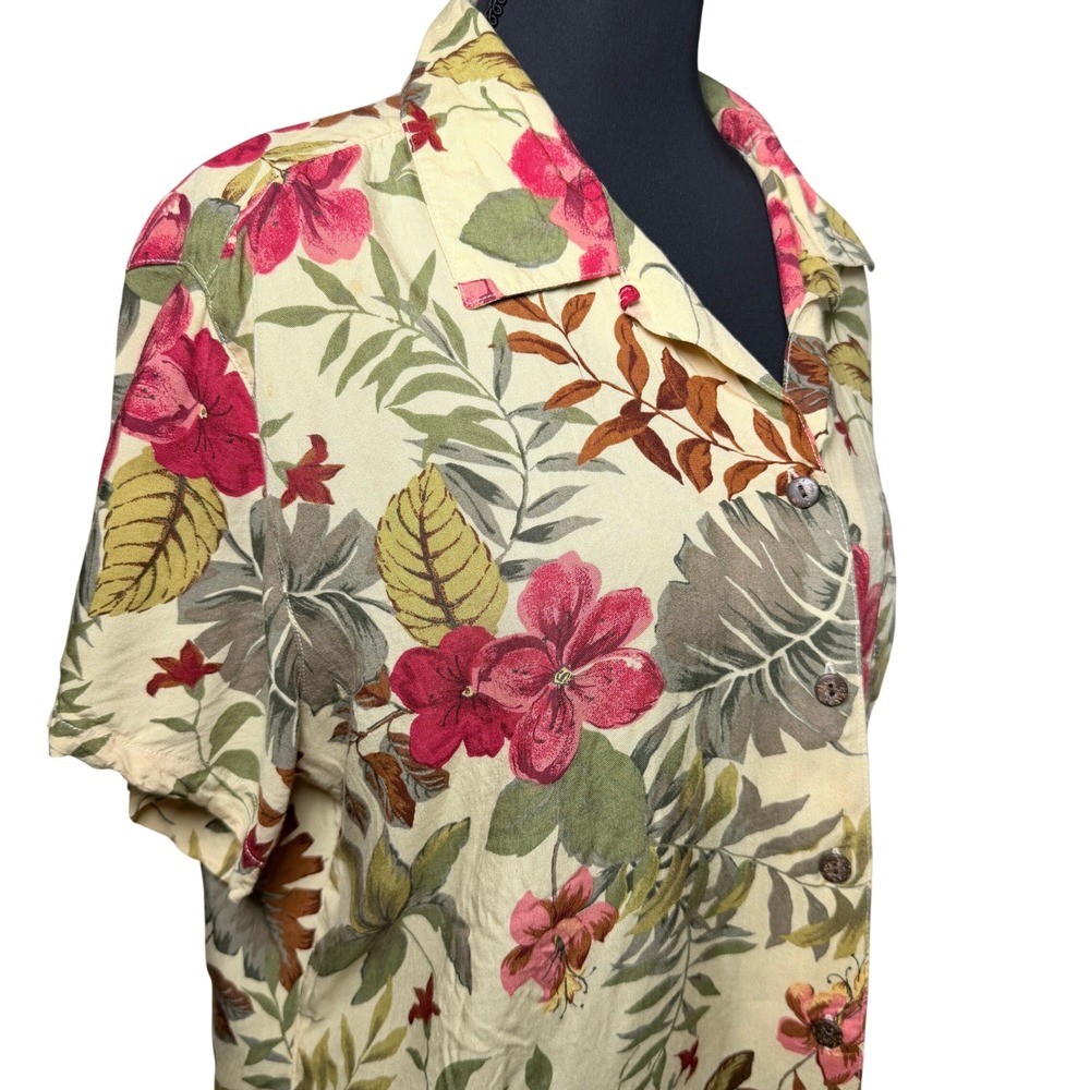 Vtg White Stag Womens L Tropical Hawaiian Floral Button Up Shirt Yellow Coastal
